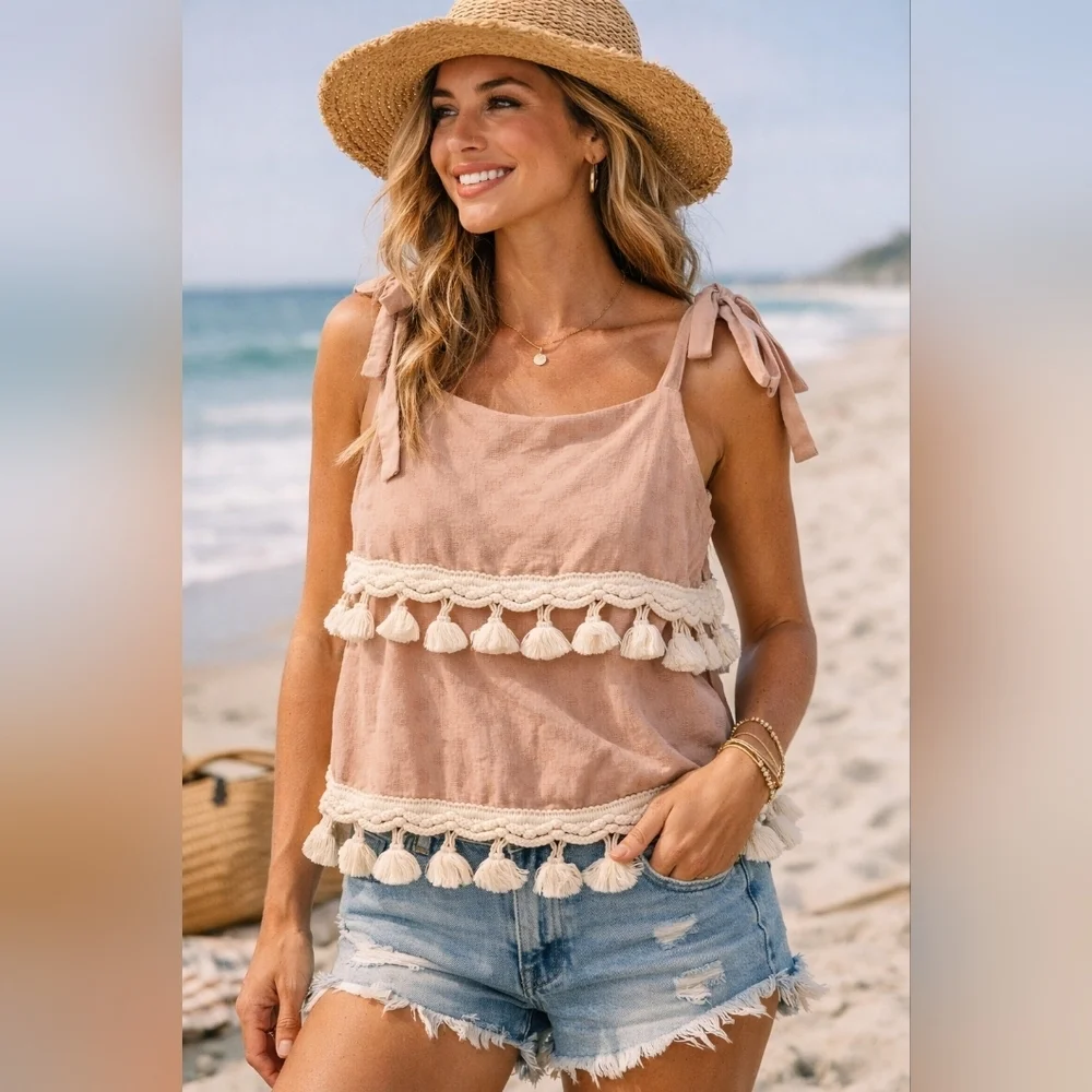 &Merci Boho Cotton Knit Tassel Tie Strap Top Women’s Large Beach Rot - Picture 2 of 8